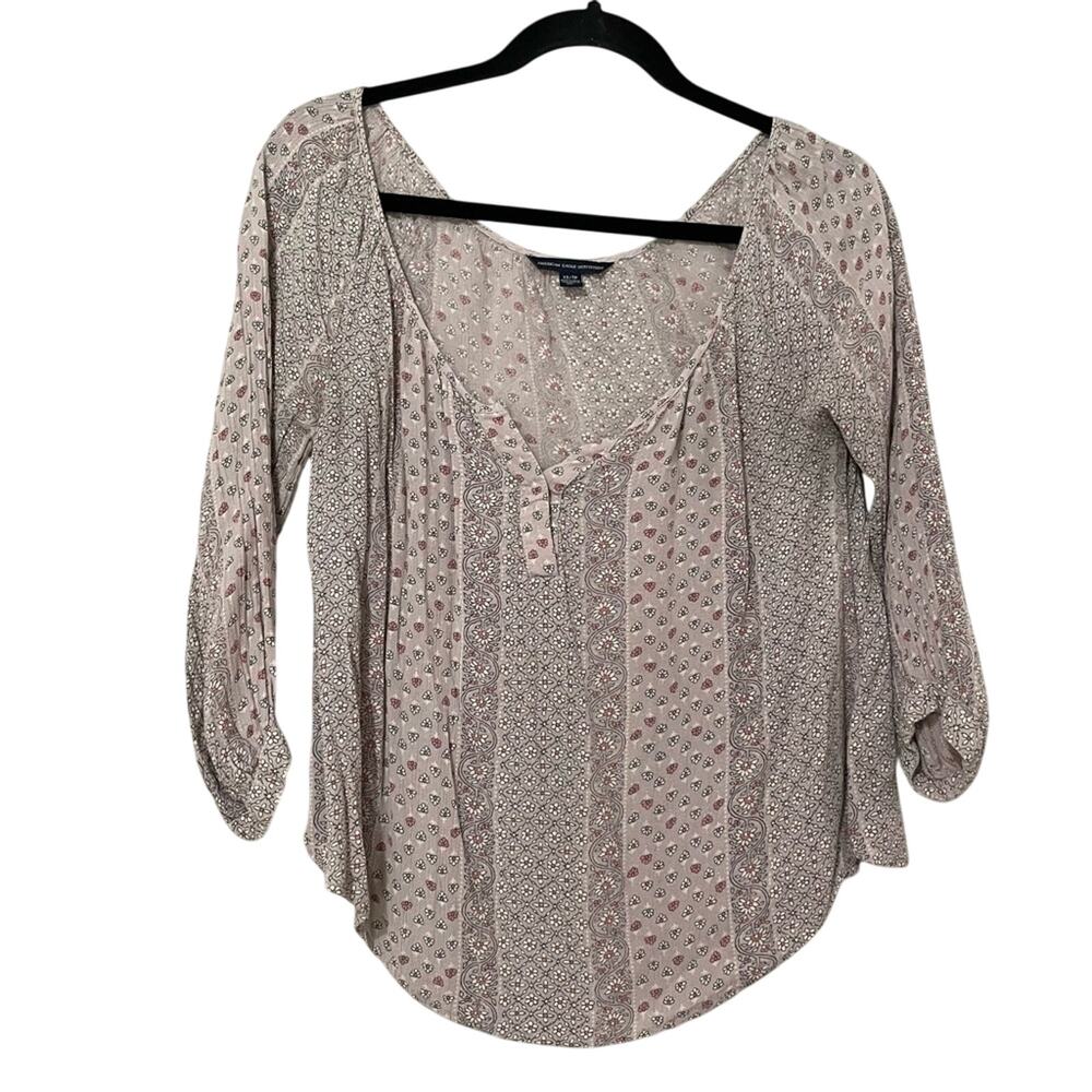 American Eagle Grey Ditsy Floral Boho Blouse Womens XS 3/4 Sleeve Romantic